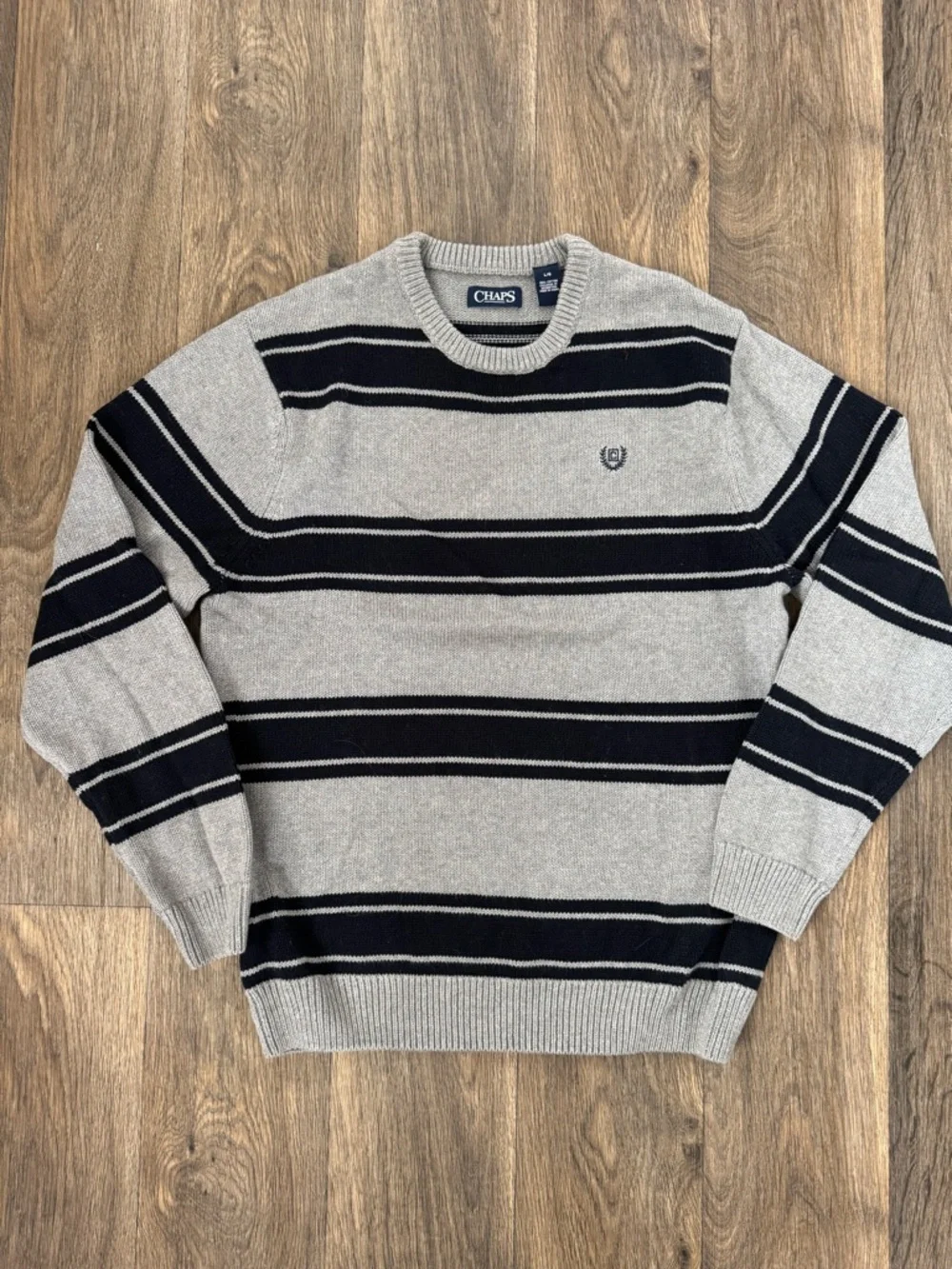 Chaps Men's Gray & Navy Striped Crewneck Sweater 100% Cotton